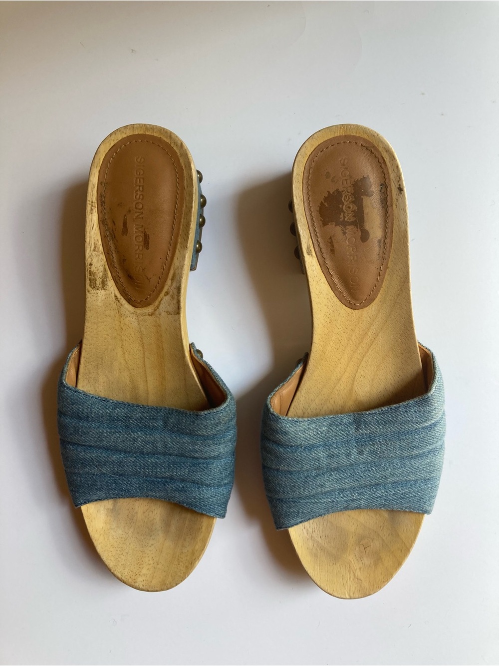 Sigerson Morrison Denim Slide Mules in Light Blue with stud accents 7.5